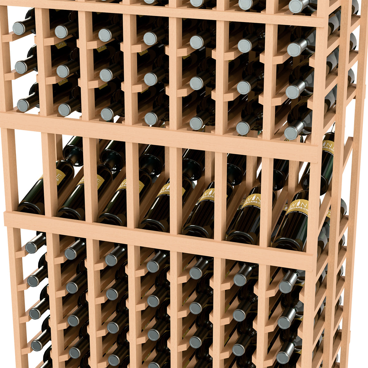 Wine display rack close-up of 7-column bottle slots, light wood frame with bottles