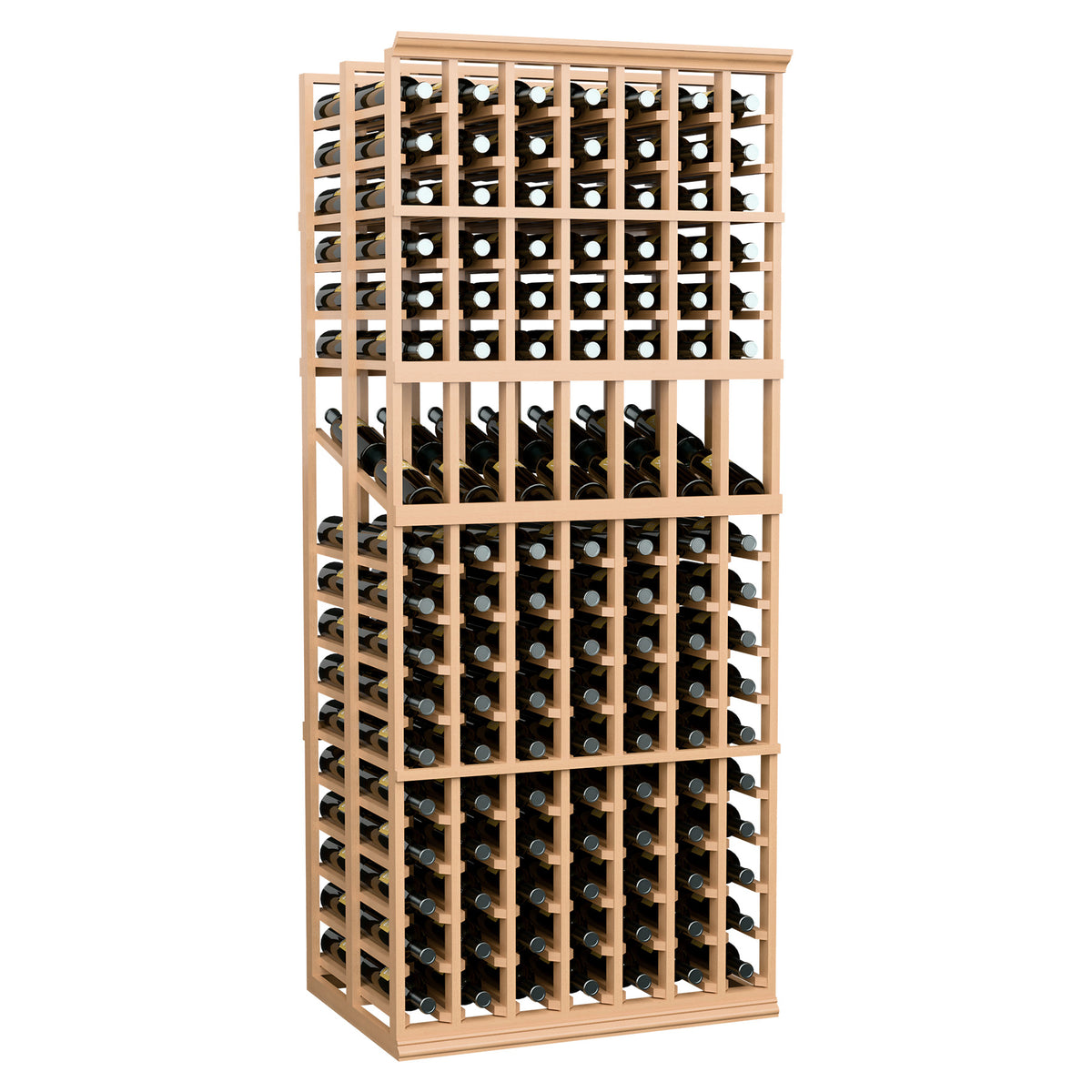 Wine display rack with 7-column double-deep bottle slots, light wood, front view