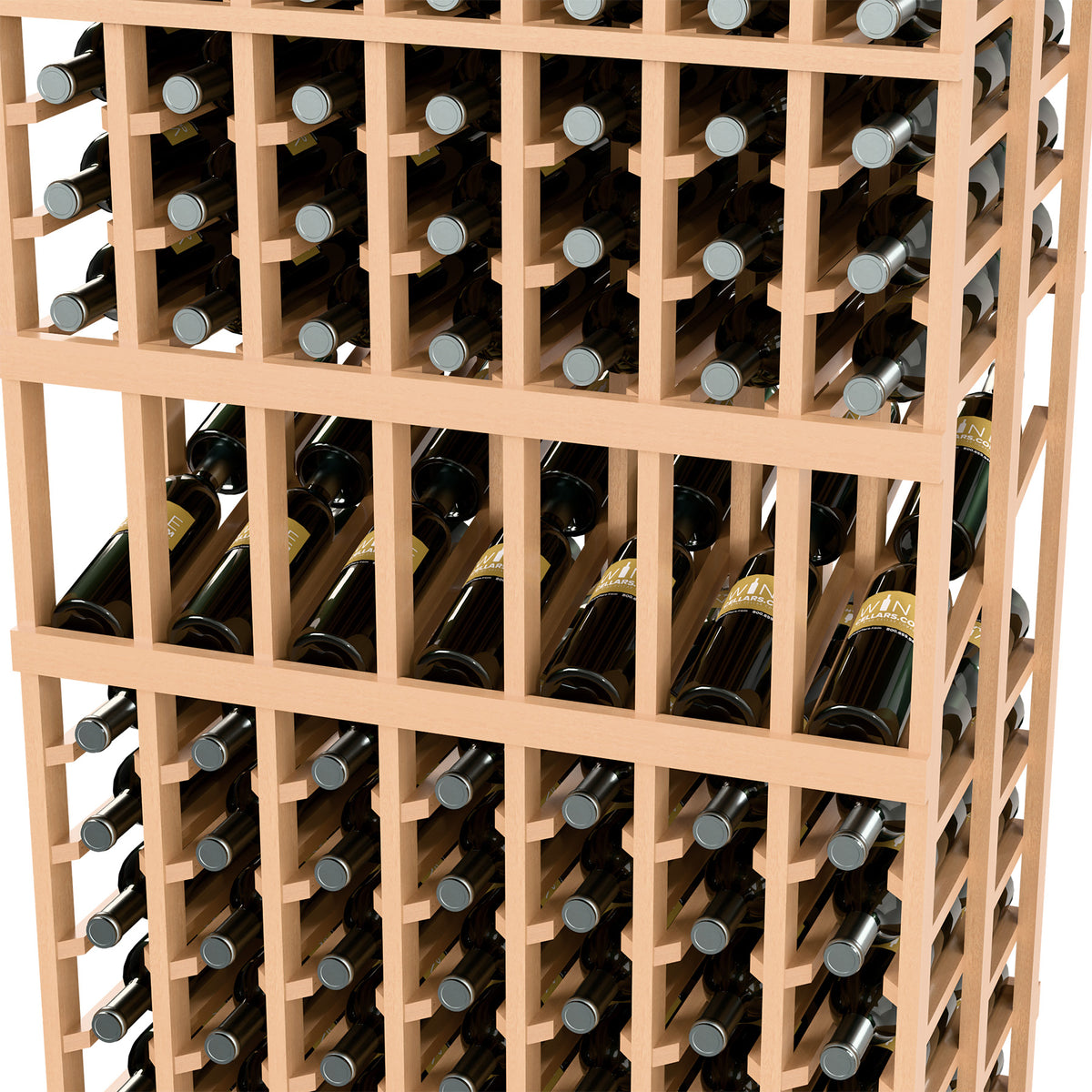 Wine display rack close-up of 7-column bottle slots, light wood, stacked bottles