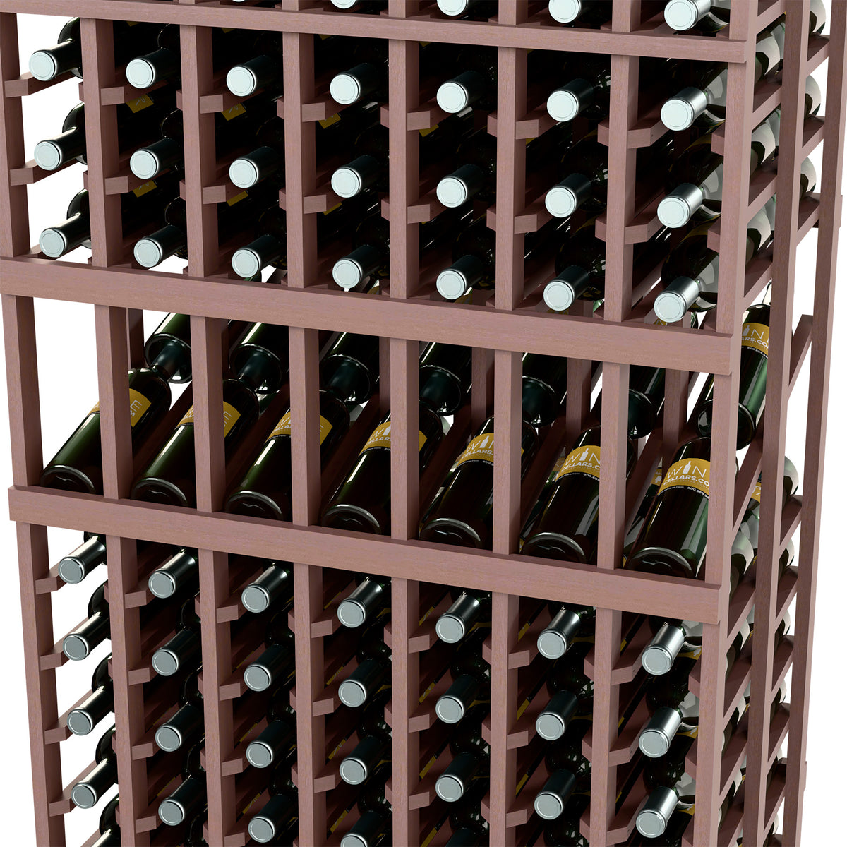 Wine display rack close-up of 7-column bottle slots, dark wood, bottle rows