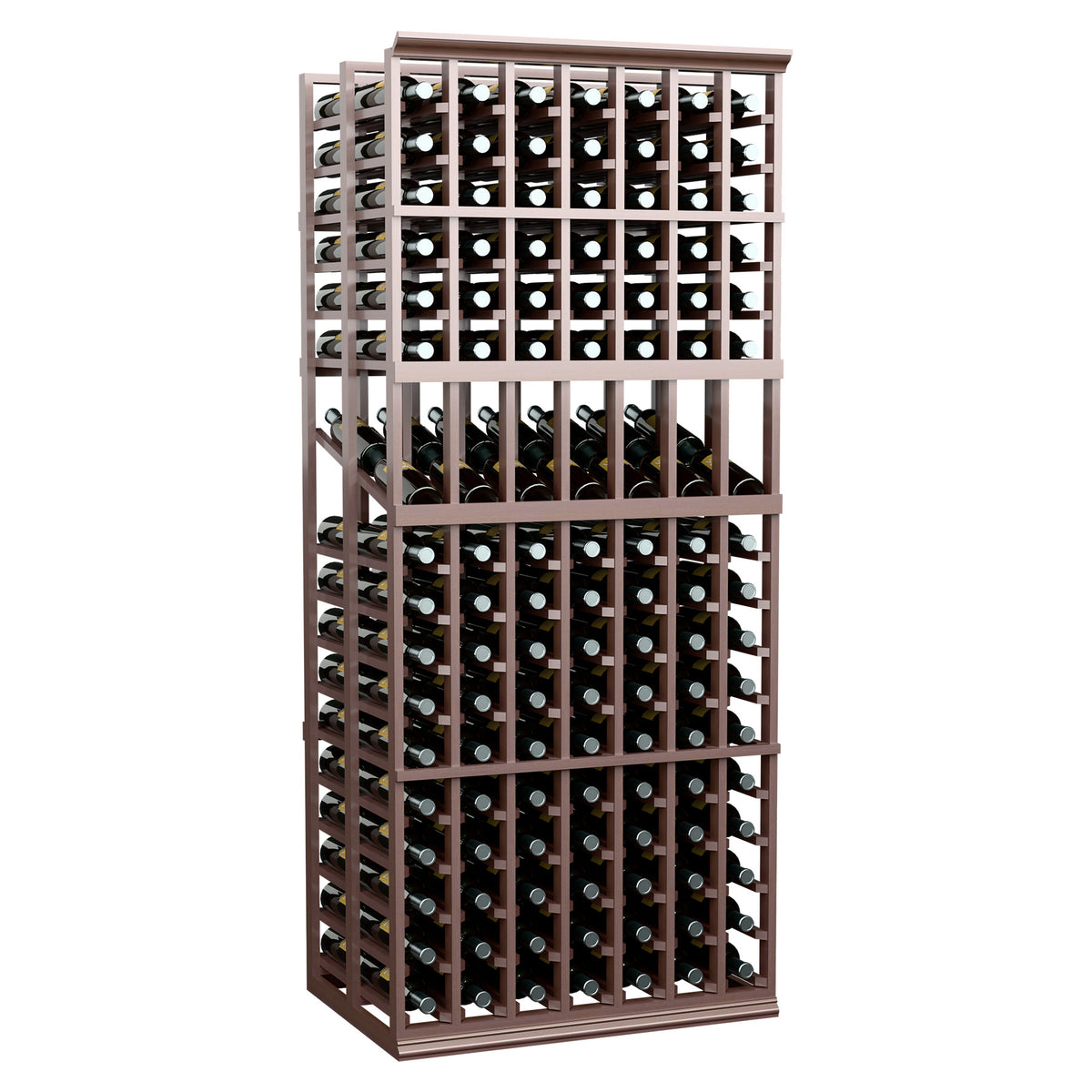Dark wood wine bottle display rack with multiple rows and round bottle neck openings