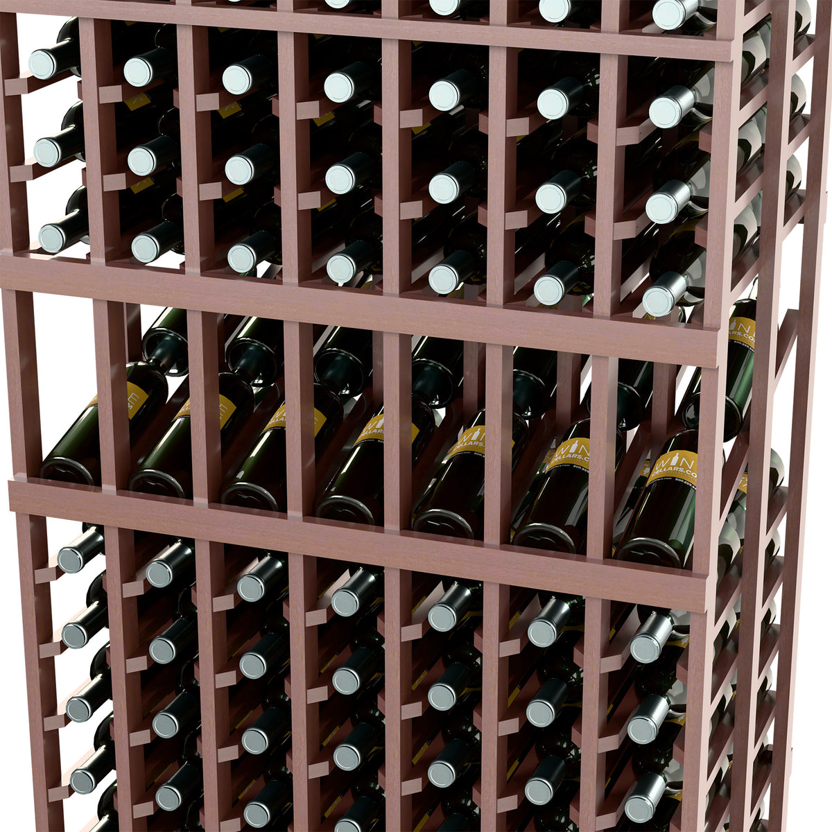Close-up of wine bottle display rack showing bottle slots and dark wood grid frame