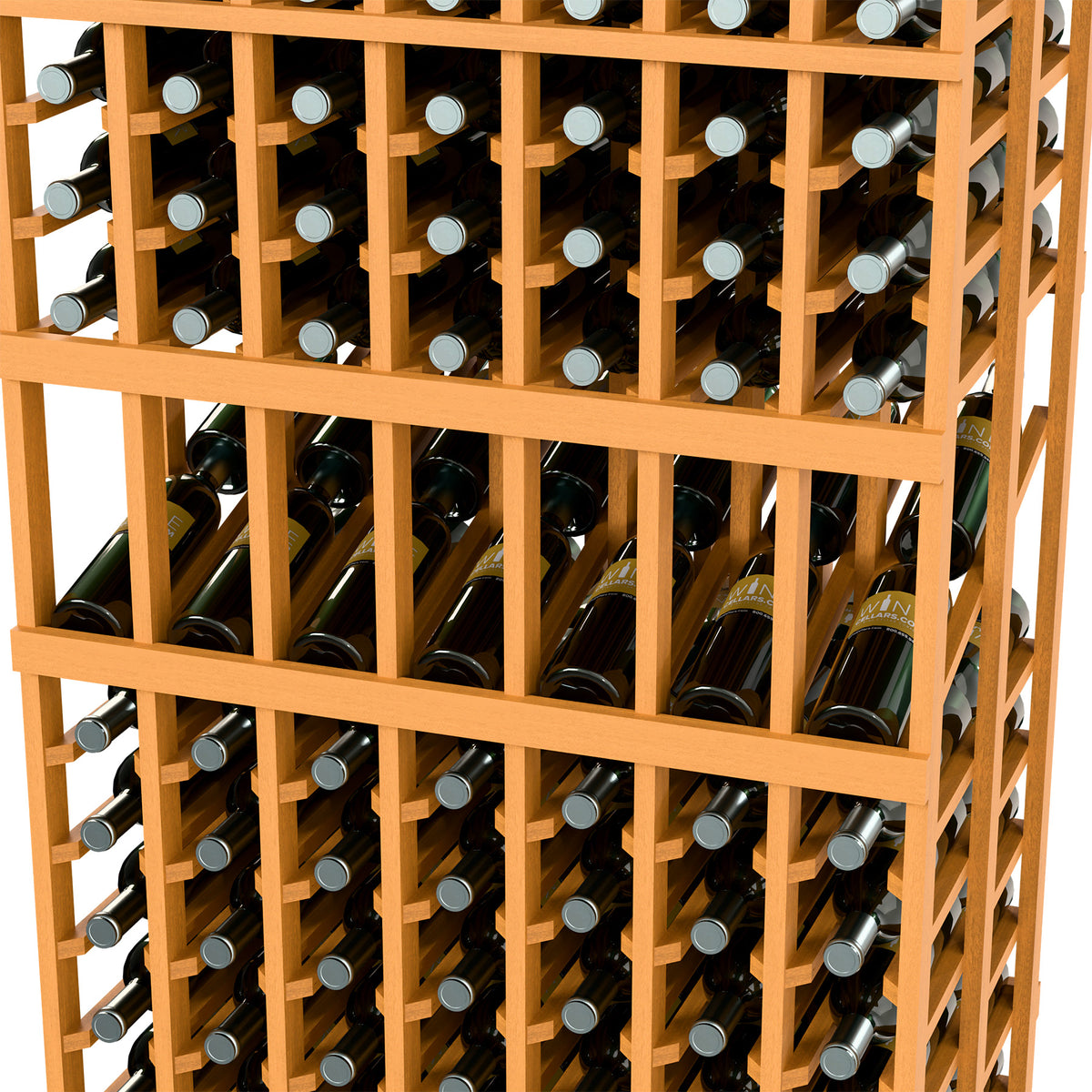 Close-up of light wood wine bottle display rack with square grid bottle compartments