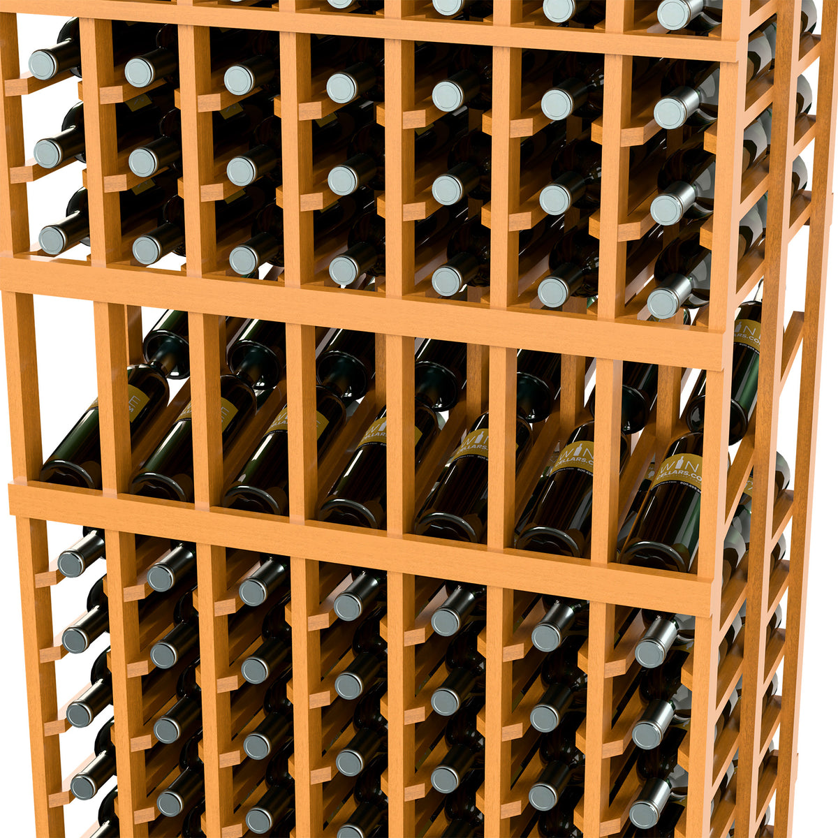Close-up view of light wood wine bottle display rack filled with bottles