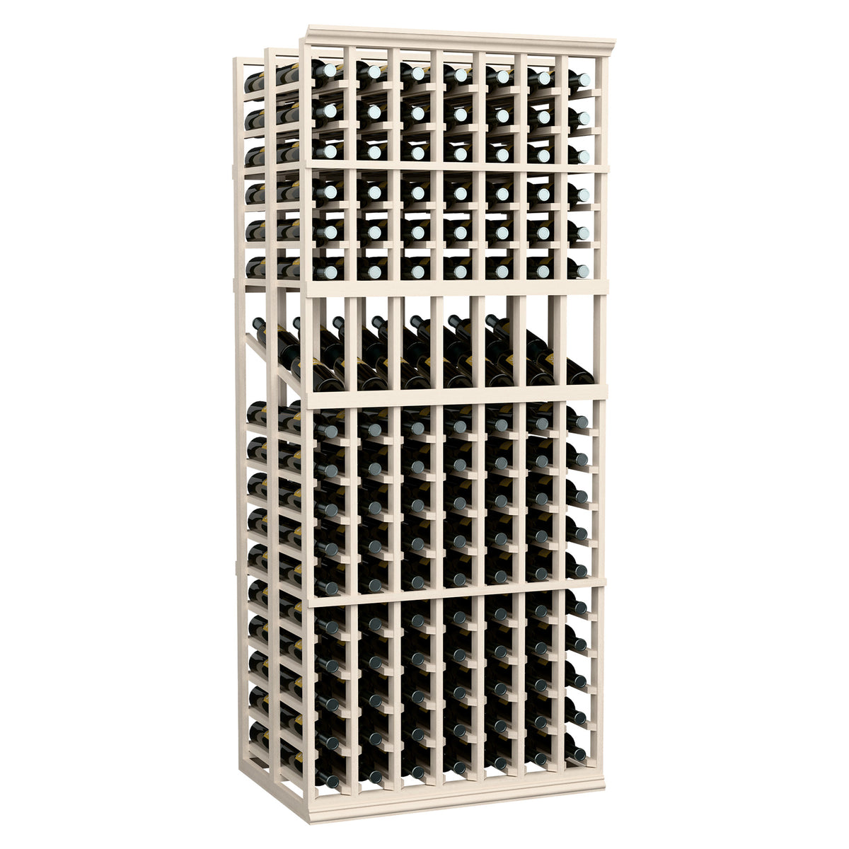 White wine bottle display rack with multiple rows and compartment grid for bottles
