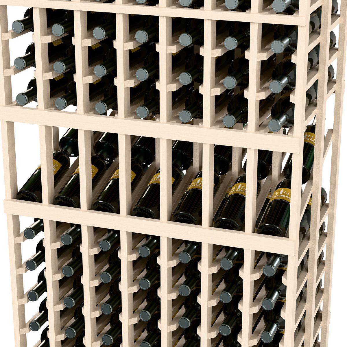 Close-up of white wine bottle display rack showing bottle slots and labels on bottles