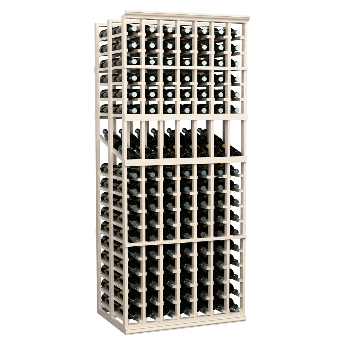 White wine bottle display rack with evenly spaced bottle openings in stacked rows
