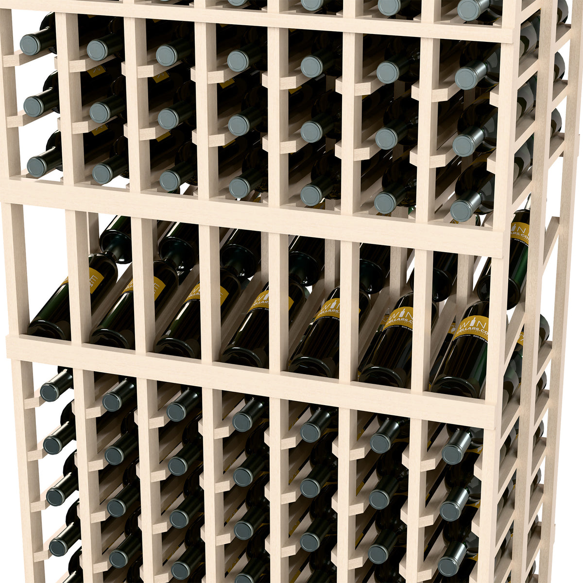 Close-up of white wine bottle display rack with front grid and upright bottles