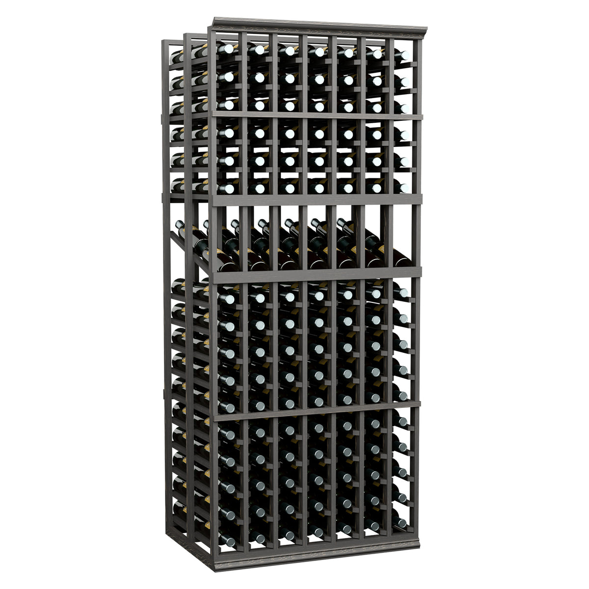 Double-deep wine display rack with dark metal frame and multiple bottle slots