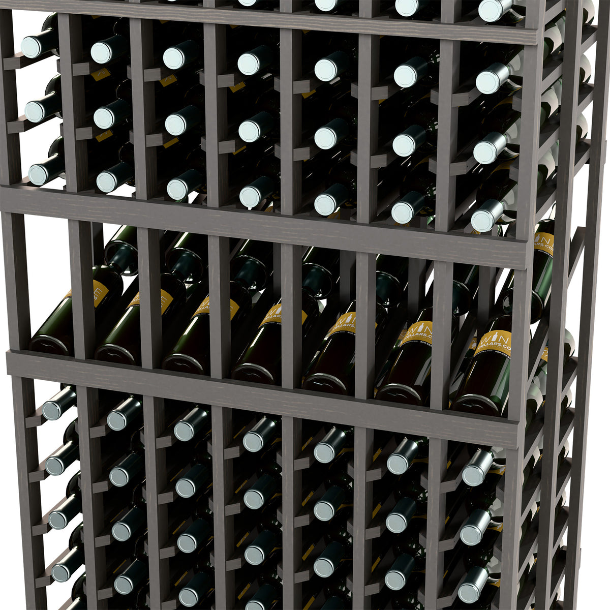 Close-up of dark wine rack showing bottle necks in grid-style slots