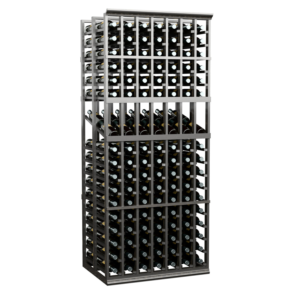 Double-deep wine display rack with dark metal frame and densely packed bottle rows