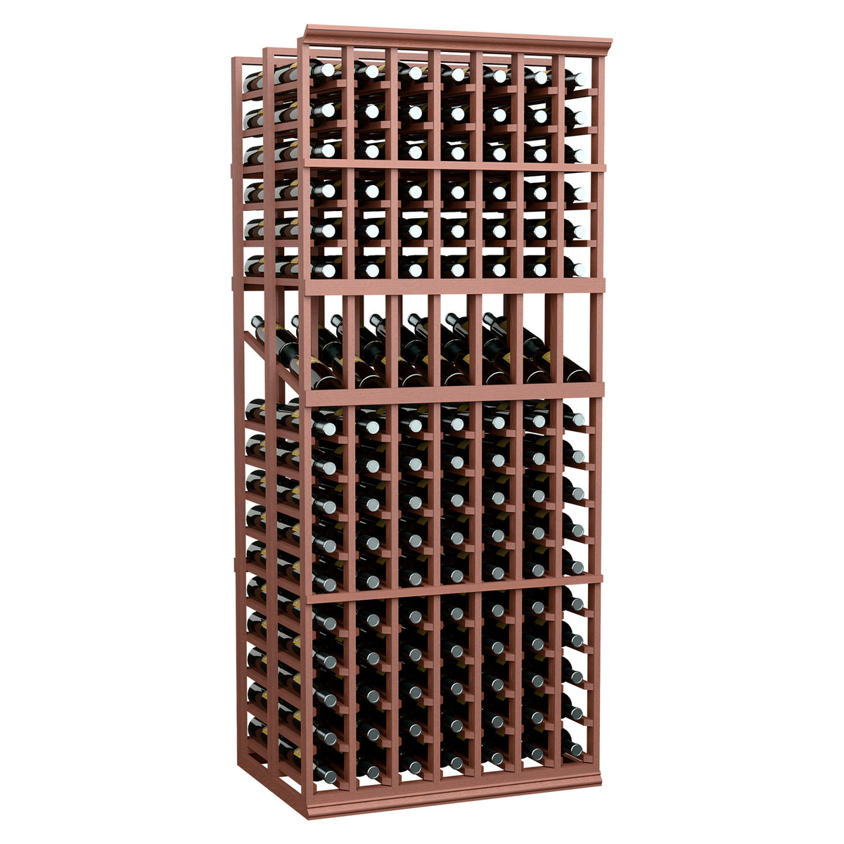 Double-deep wine display rack with reddish-brown frame and multiple bottle slots