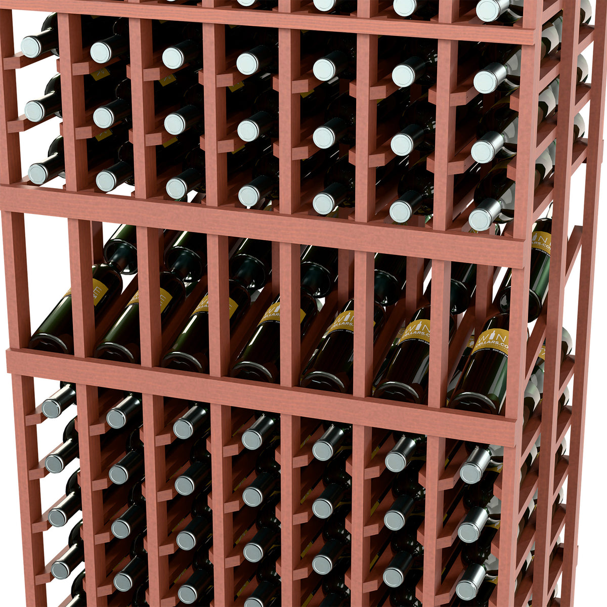 Close-up of reddish-brown wine rack showing bottle necks in grid-style slots