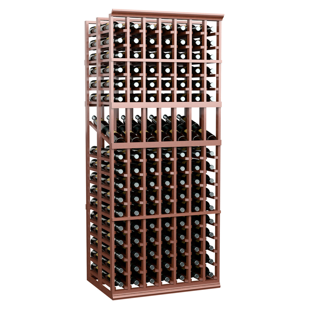 Double-deep wine display rack with reddish-brown frame and densely packed bottle rows