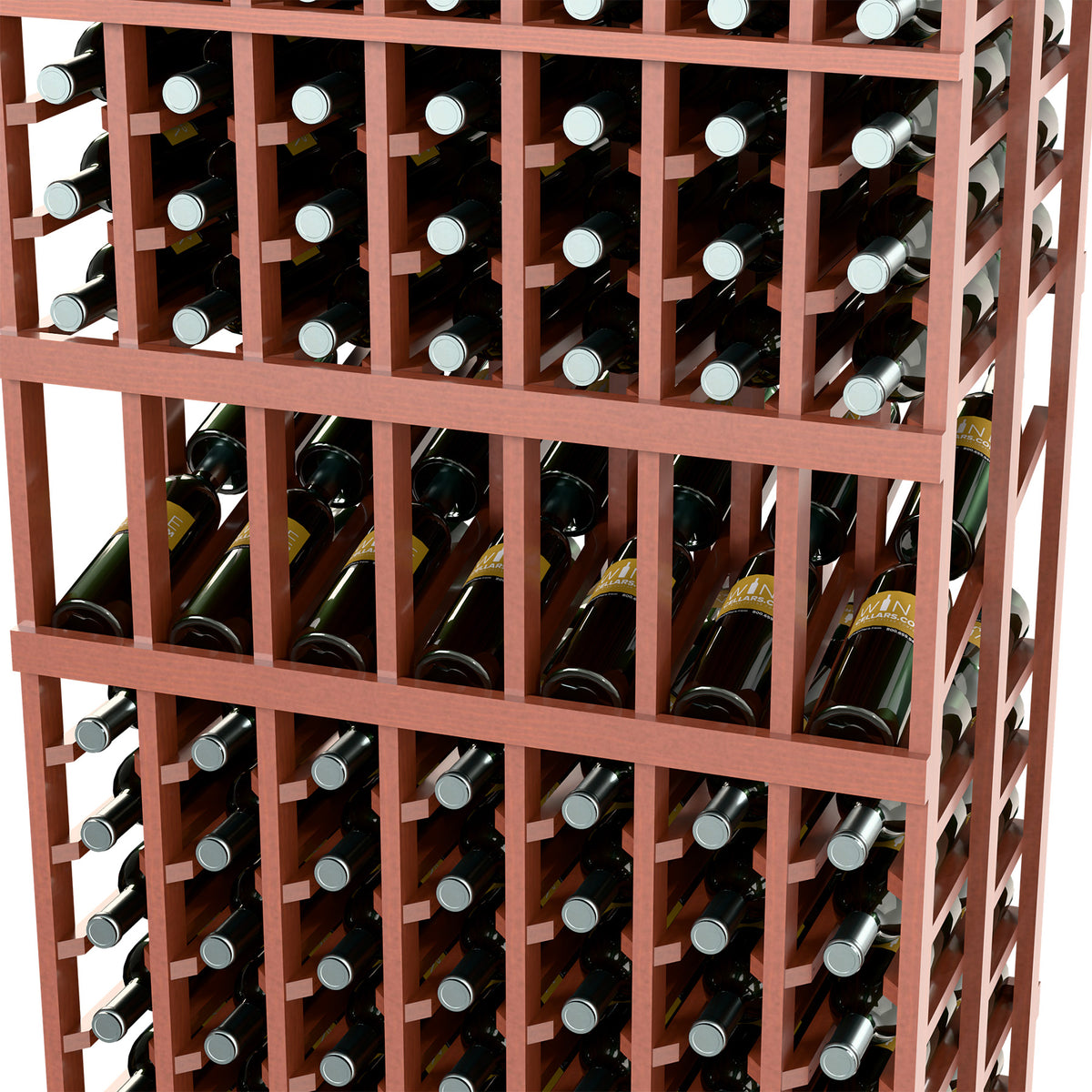 Close-up of reddish-brown wine rack with crossbars and bottles in front slots