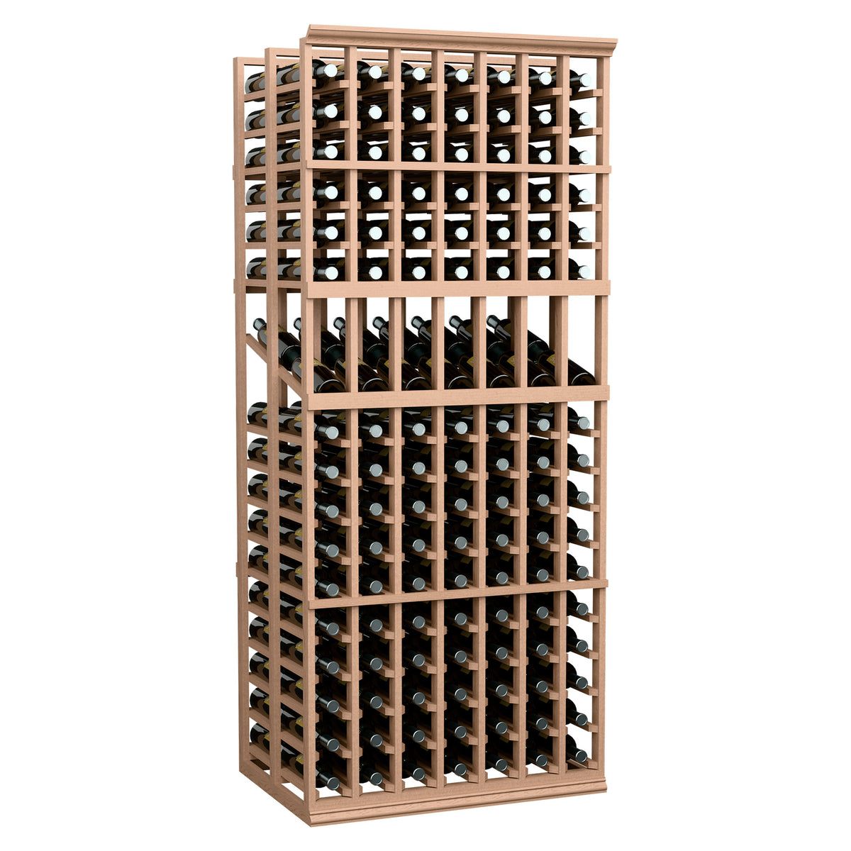 Double-deep wine display rack with light reddish-brown frame and multiple bottle slots