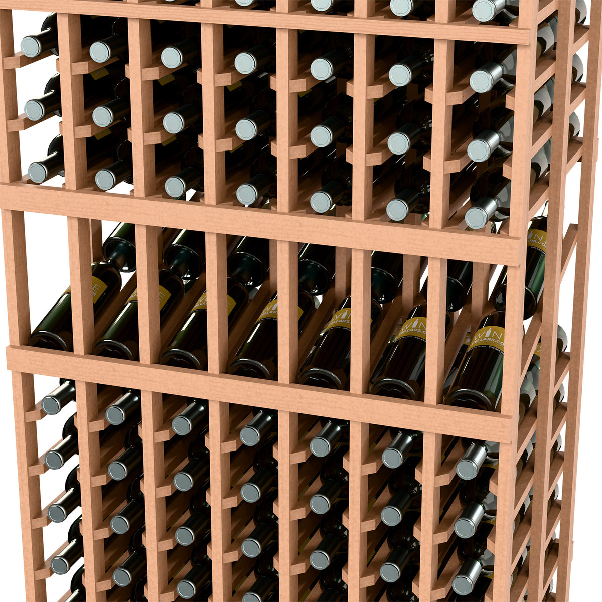 Close-up of light reddish-brown wine rack with bottle necks in front grid slots