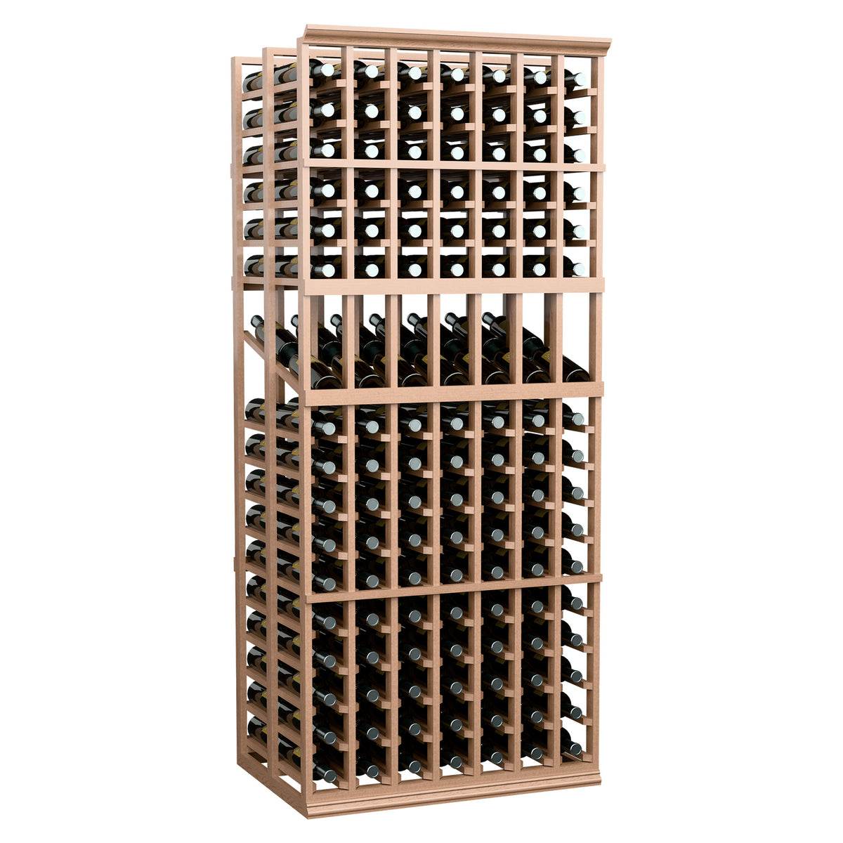 Light wood 7-column double-deep wine display rack with rows of bottles