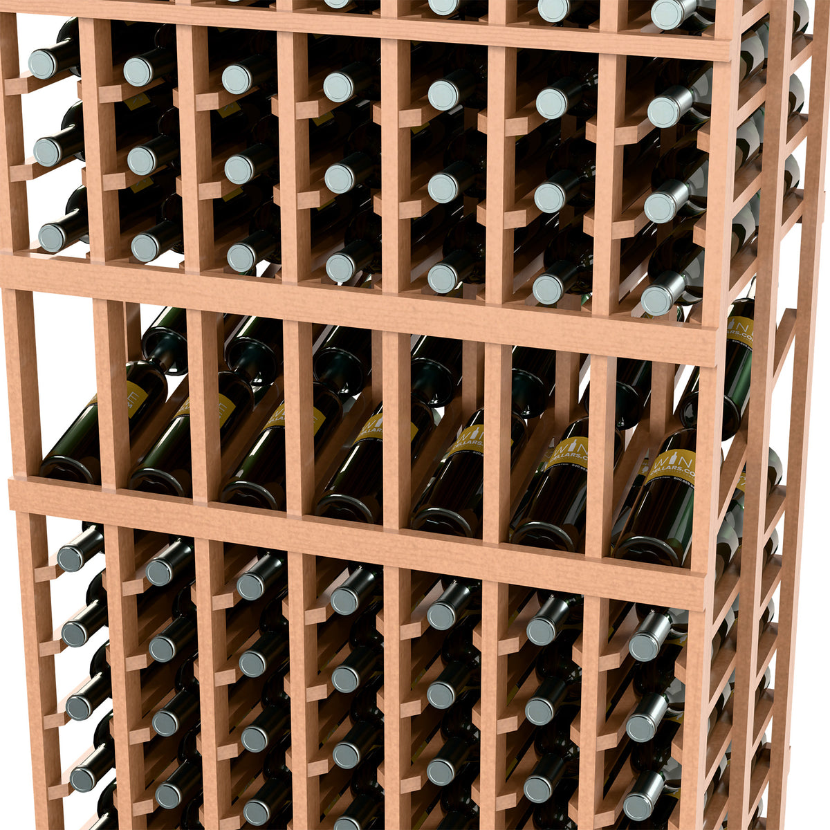 Light wood wine rack close-up with bottle slots and cork-topped bottles