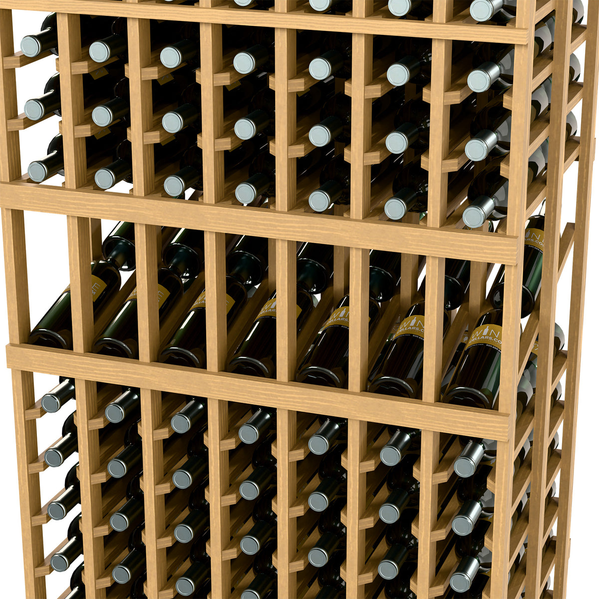 Light wood wine rack detail with bottle holders and horizontal support bars