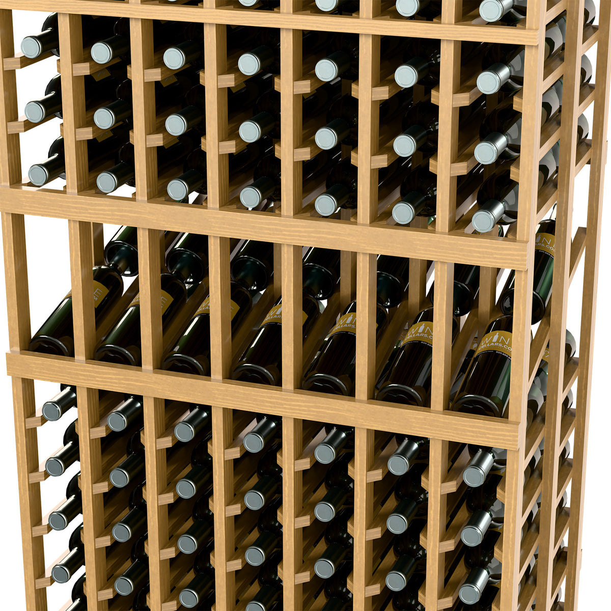 Light wood wine rack close-up showing bottle necks in a grid