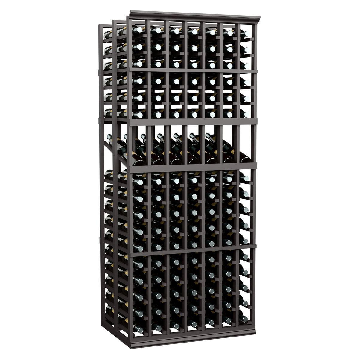 Dark wood 7-column double-deep wine display rack with bottle rows