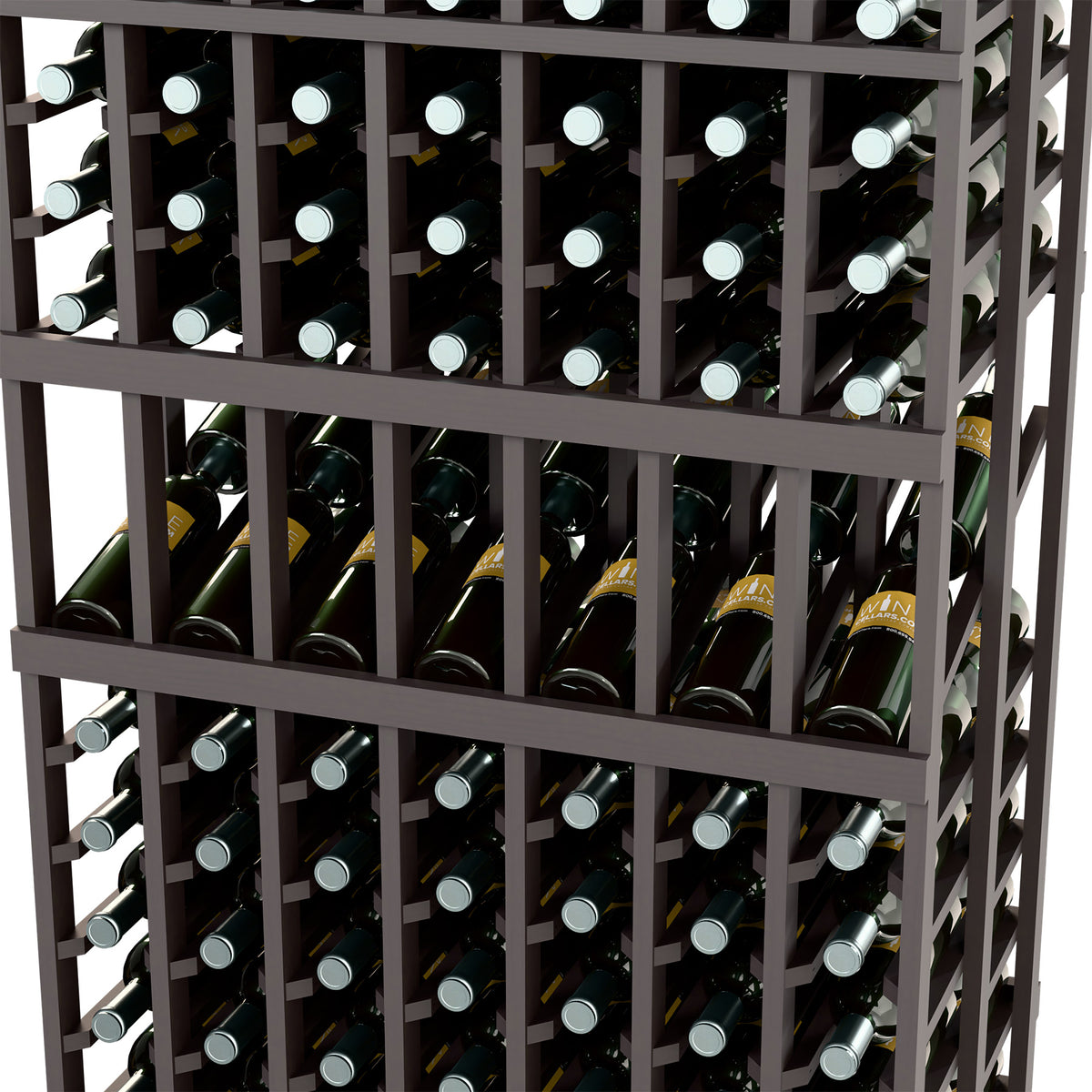 Dark wood wine rack close-up with bottle slots and cork-topped bottles