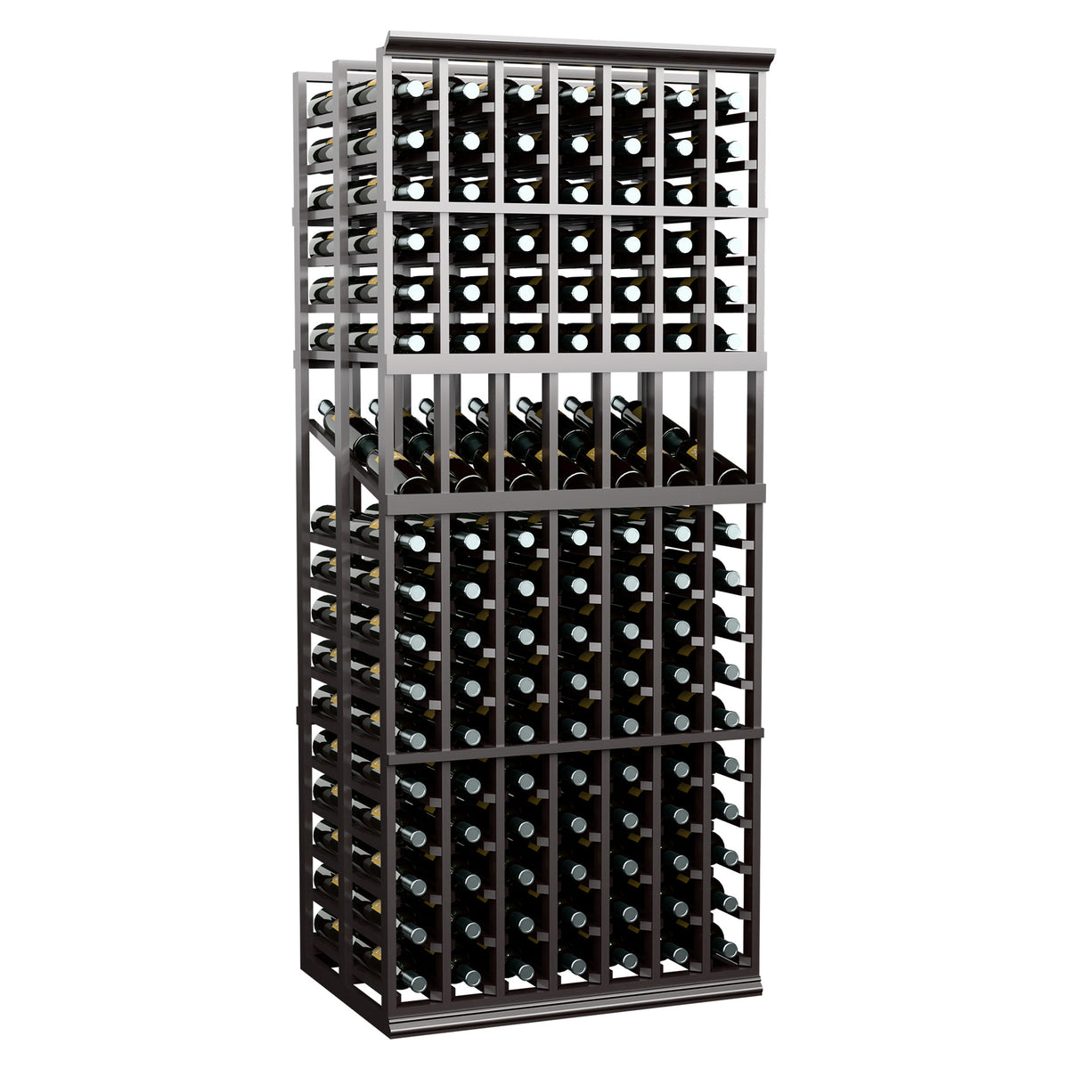 Dark wood wine display rack front with multiple bottle compartments