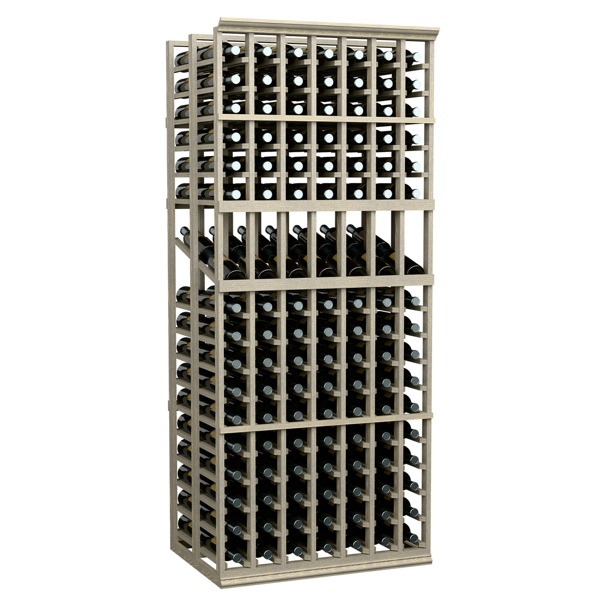 Wood wine bottle display rack with 7 vertical rows and black bottle slots