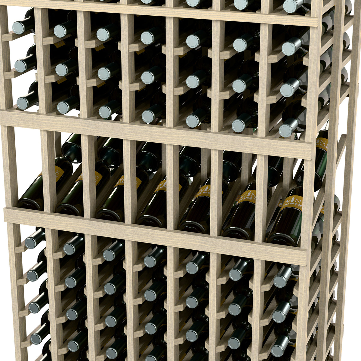 Wine bottle display rack interior with bottle neck supports and dark bottles