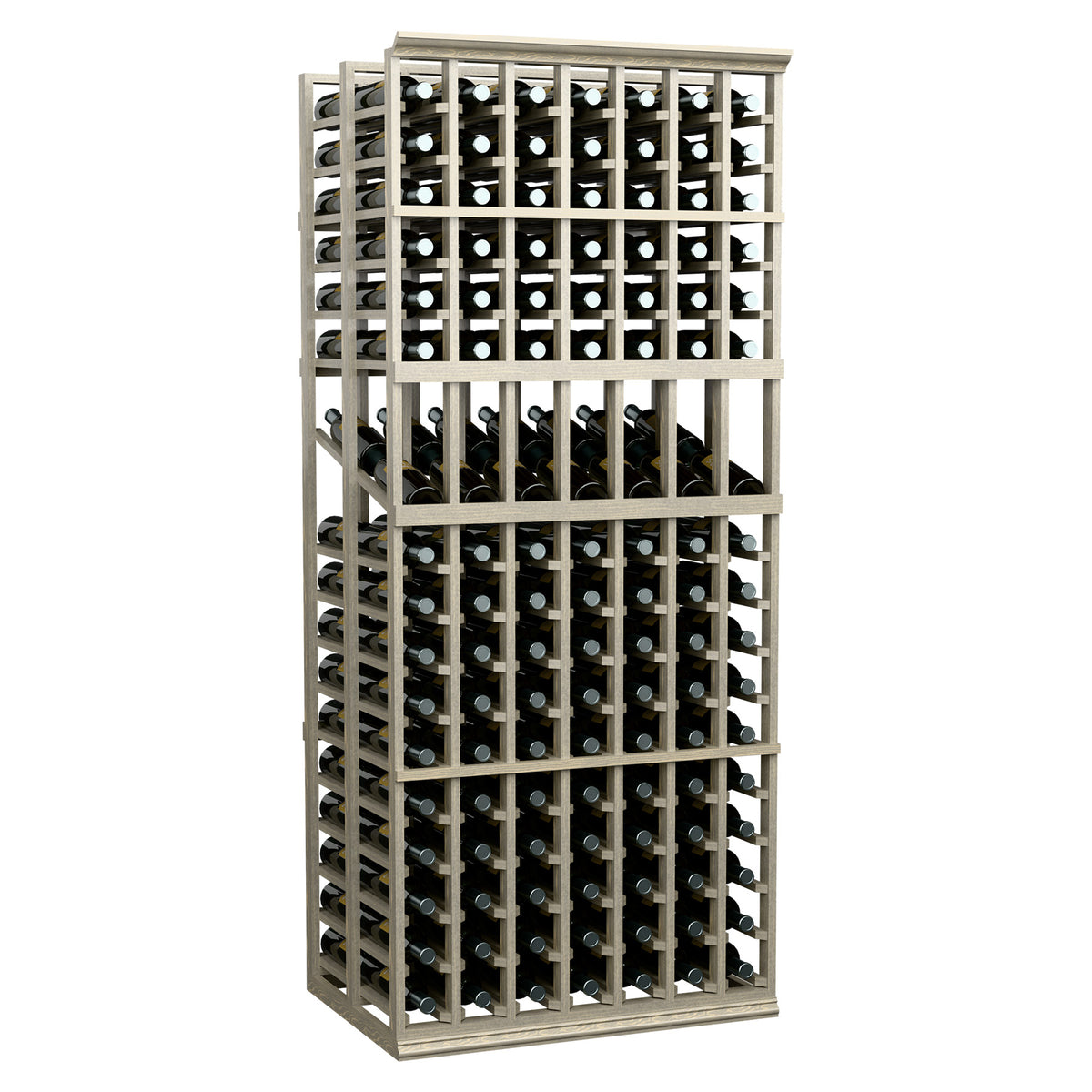 Tall wood wine bottle display rack showing stacked bottle storage rows