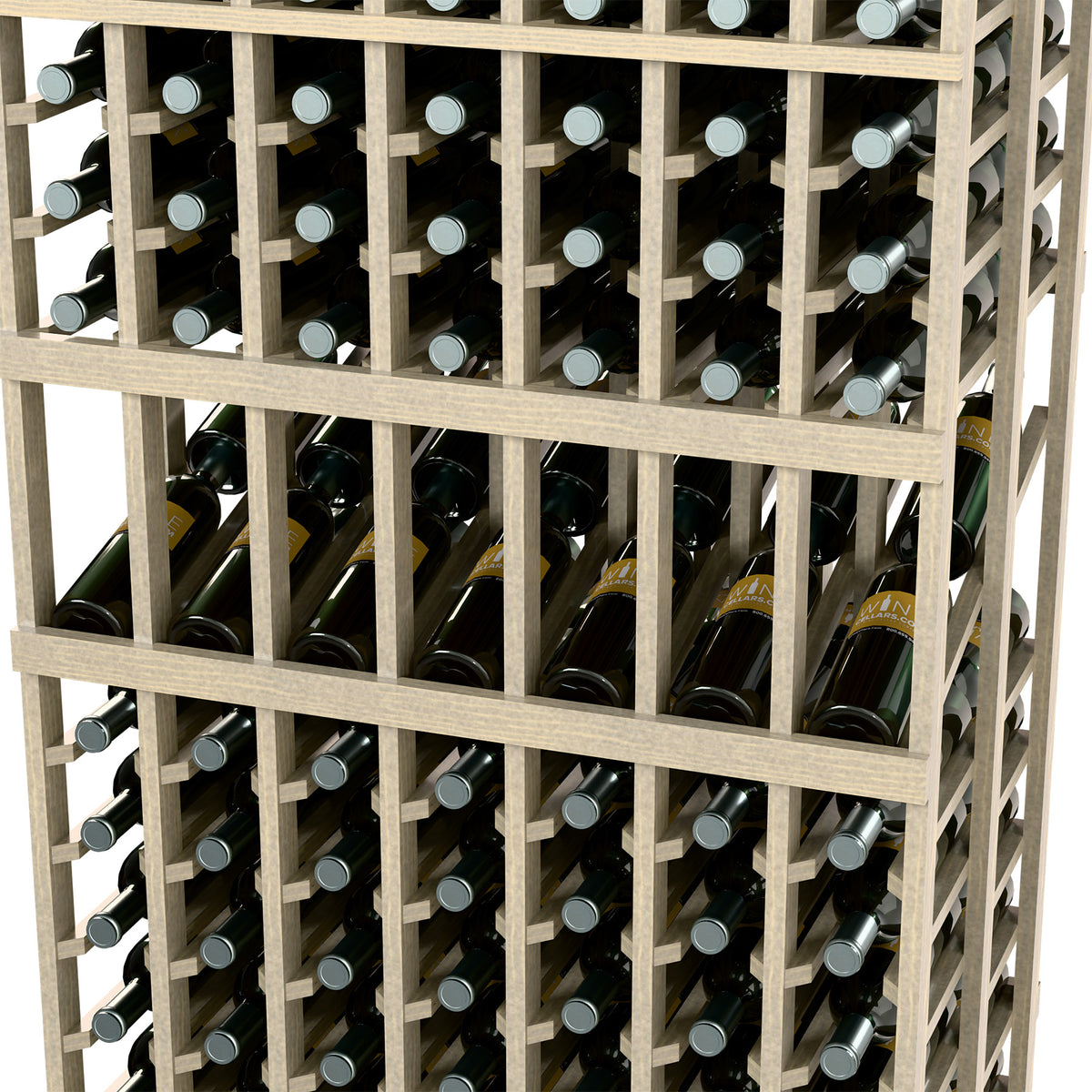 Close-up of wine rack shelves holding dark wine bottles in cubby slots