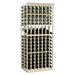 Wood wine bottle display rack with grid-style bottle holders and dark bottles