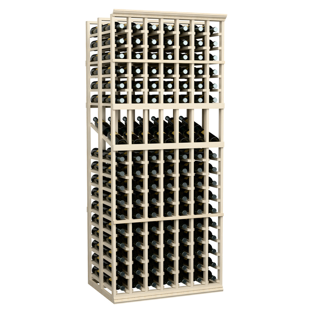 Wood wine bottle display rack with grid-style bottle holders and dark bottles