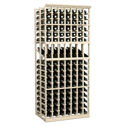 Wood wine bottle display rack with grid-style bottle holders and dark bottles