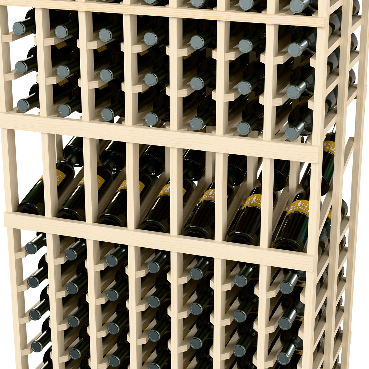 Front view of wine rack with light frame and bottle neck rings arranged in rows