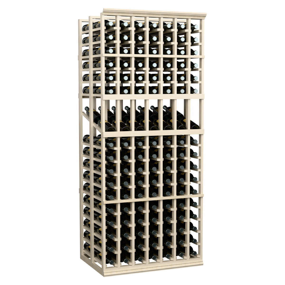 Tall wine bottle display rack with light frame, open grid compartments, dark bottles