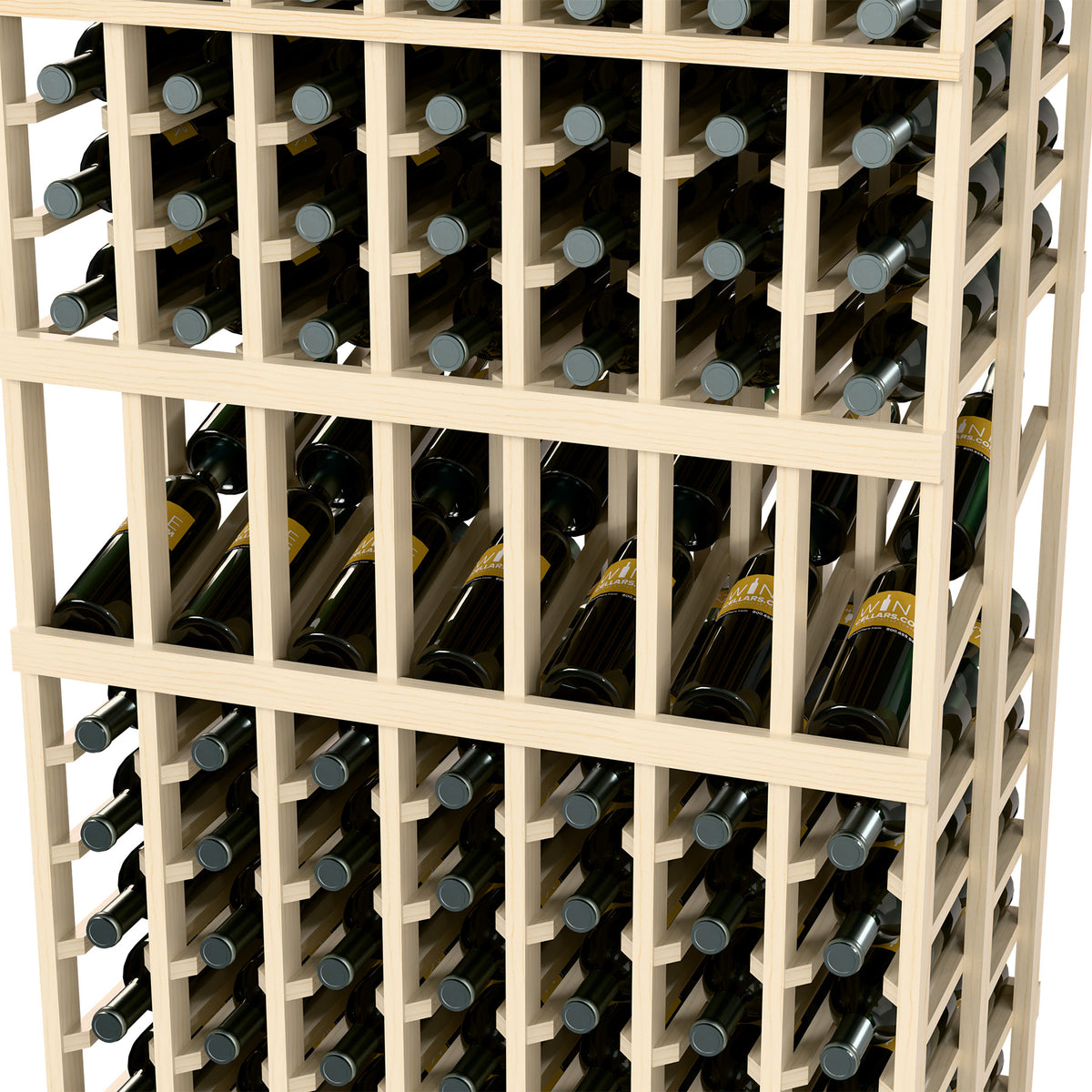 Close-up of light wood wine rack with bottle cradles and dark wine bottles