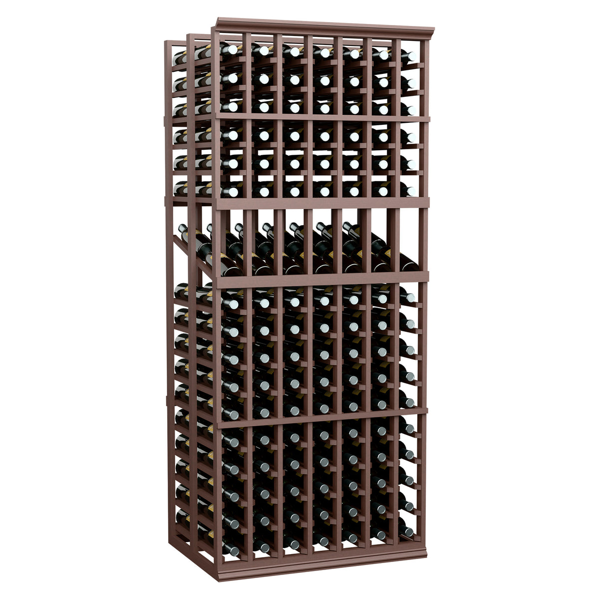 Dark-stained wood wine bottle display rack with grid frame and bottle storage rows