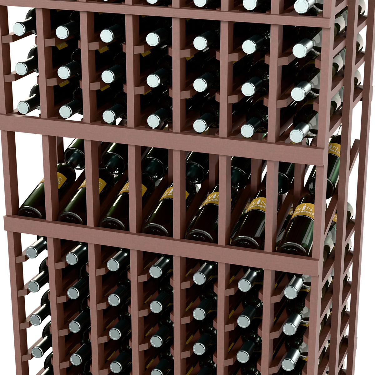 Close-up of dark wood wine rack compartments with dark wine bottles and caps
