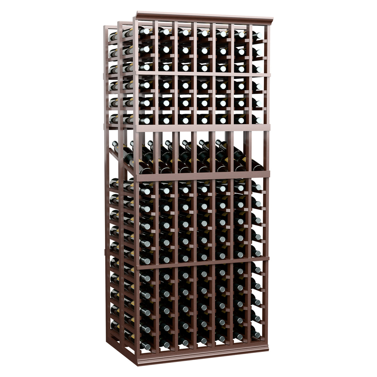 Brown 7-column double-deep wine display rack with two rows of bottles