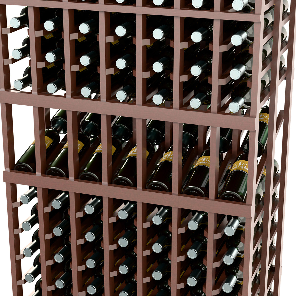 Brown wine display rack close-up with bottle slots and angled bottle necks