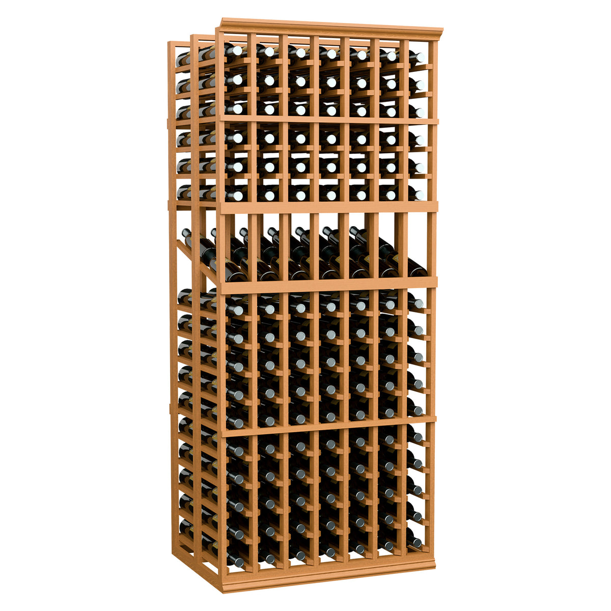 Light wood 7-column double-deep wine display rack with two rows of bottles