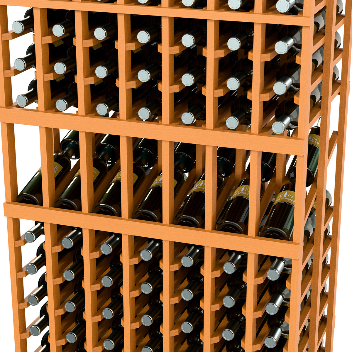 Light wood wine display rack close-up with bottle storage cubbies
