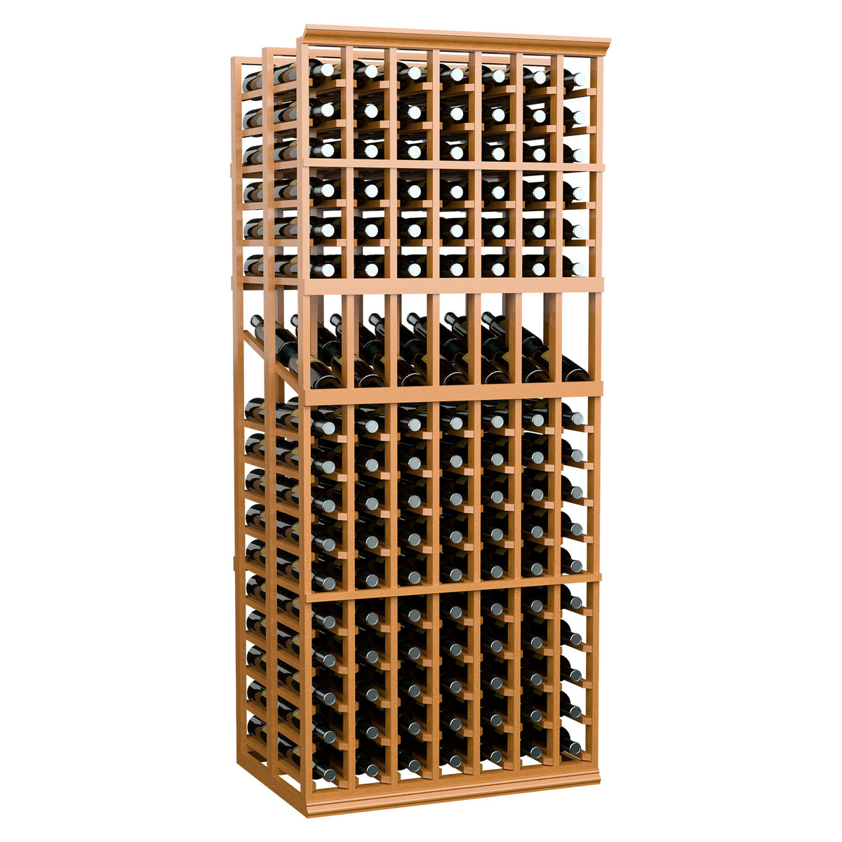 Light wood 7-column double-deep wine display rack standing with bottle rows