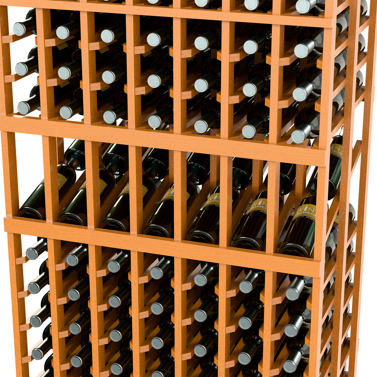 Light wood wine display rack close-up with rows of wine bottles