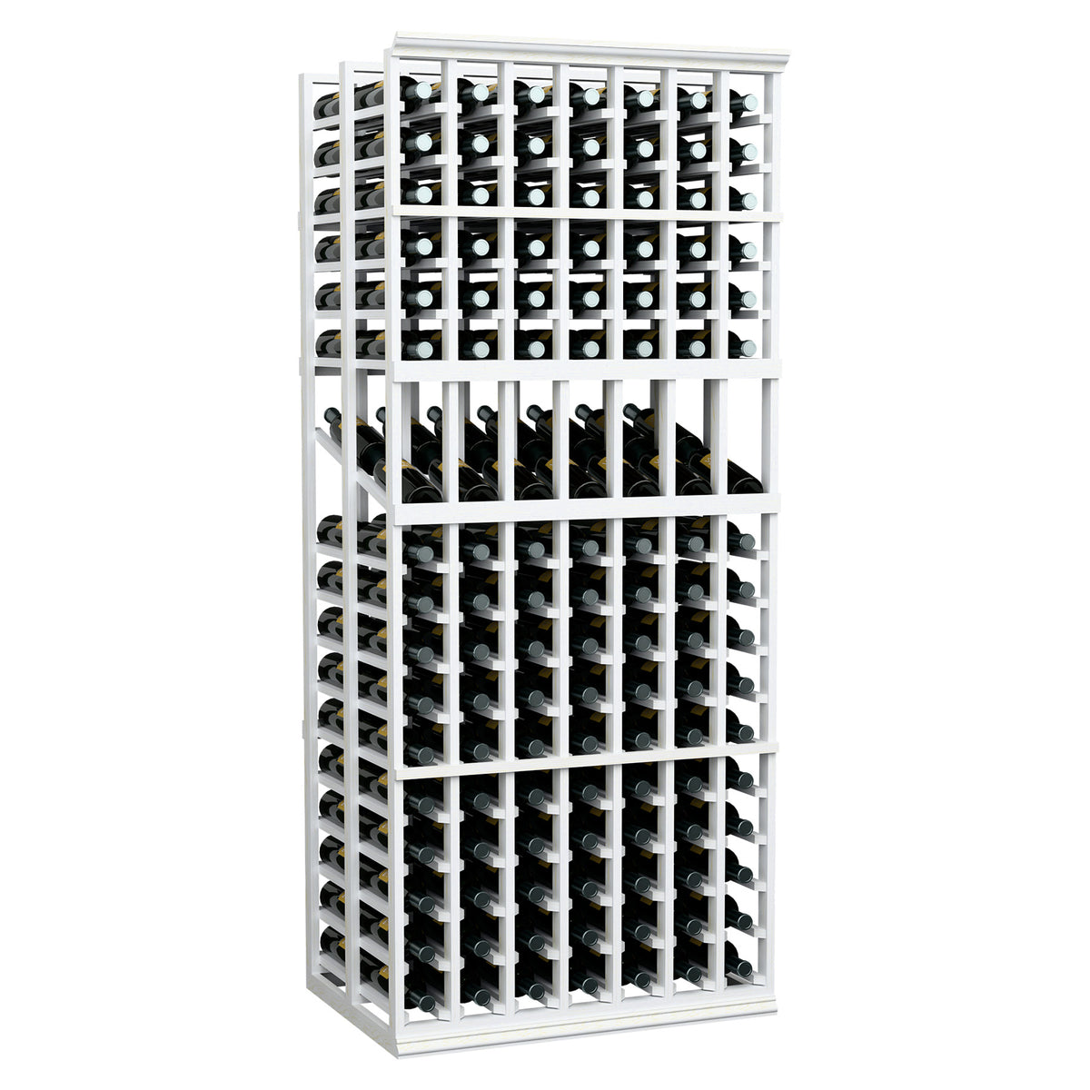 White 7-column double-deep wine display rack with two rows of wine bottles