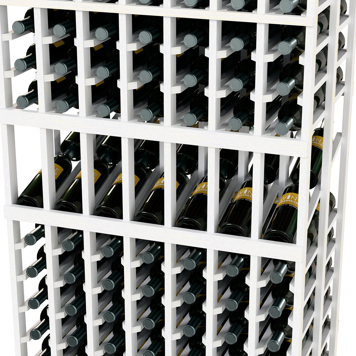 White wine display rack close-up showing bottle slots and gridded frame