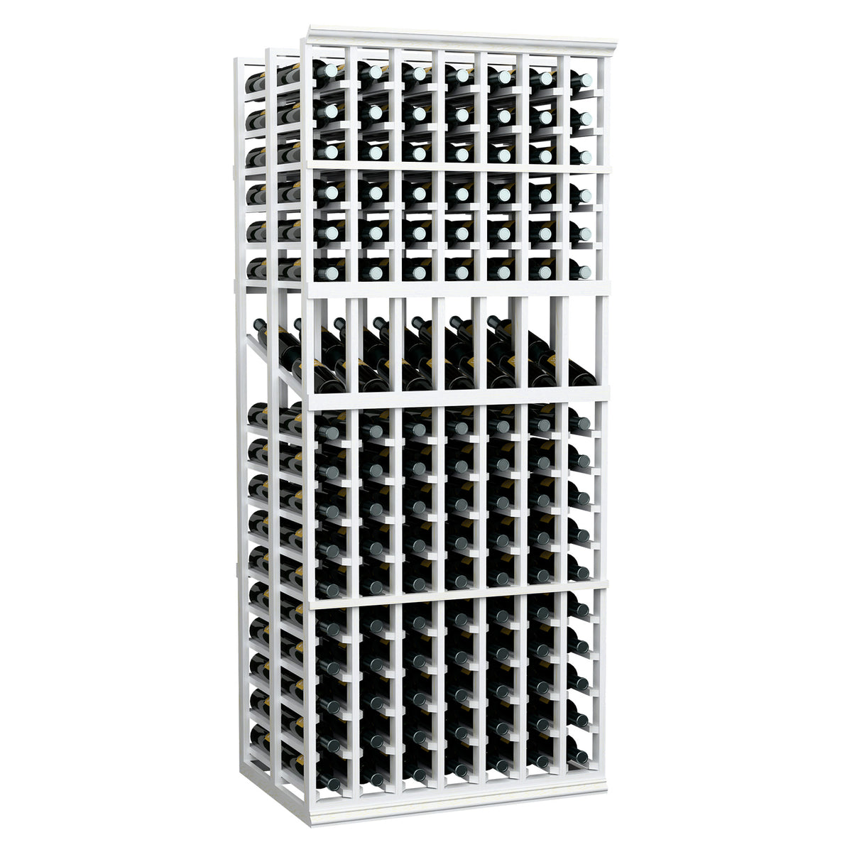 White 7-column double-deep wine display rack with bottle rows and grid