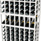 White wine display rack close-up with bottle storage rows and frames